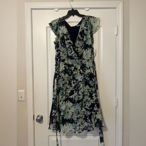 Danny & Nicole Faux Wrap Floral Dress - Navy and Green